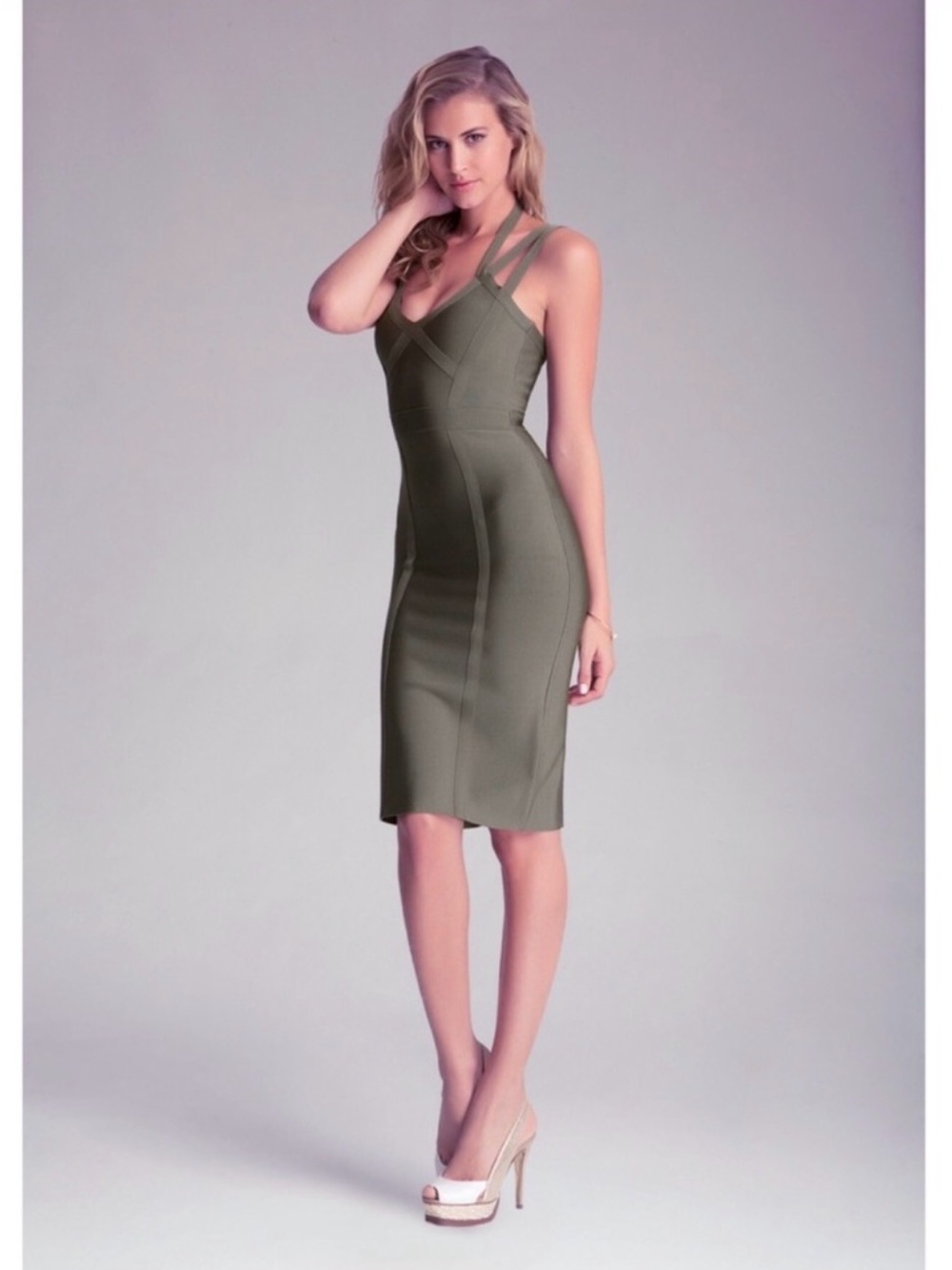 bebe Olive Strappy Midi Sheath Dress